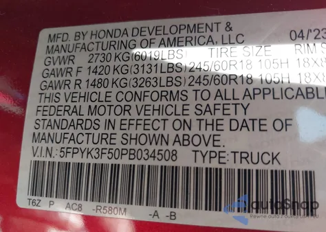 2023 Honda Ridgeline Rtl z USA, uszkodzony, nr VIN 5FPYK3F50PB034508